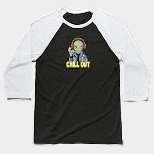 Extraterrestrial Echo: Alien Wearing Headphones Baseball T-Shirt